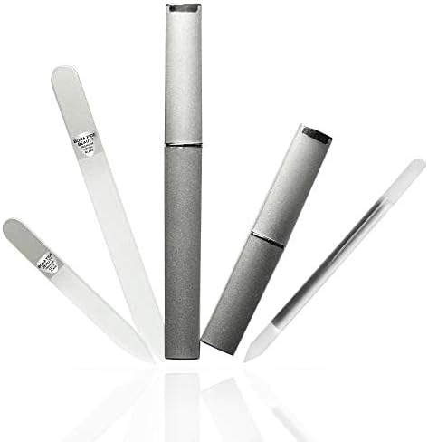 Bona Fide Beauty Glass Nail Files Kit in Silver - 3Pc Set Includes Glass Cuticle Pusher, Mini Travel Nail File, and Medium Glass File for Natural Nails