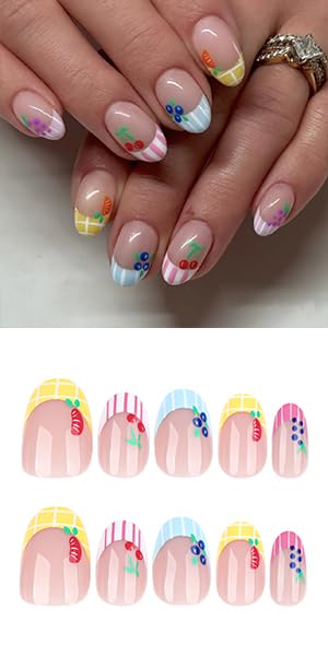 Summer Fruit Press On Nails Oval Shape, Colorful Striped Fake Nails with Cute Cherry Grape Orange Blueberry Designs, Glossy Gel Finish Acrylic Reusable Glue On Nails for Women, 24 Pcs