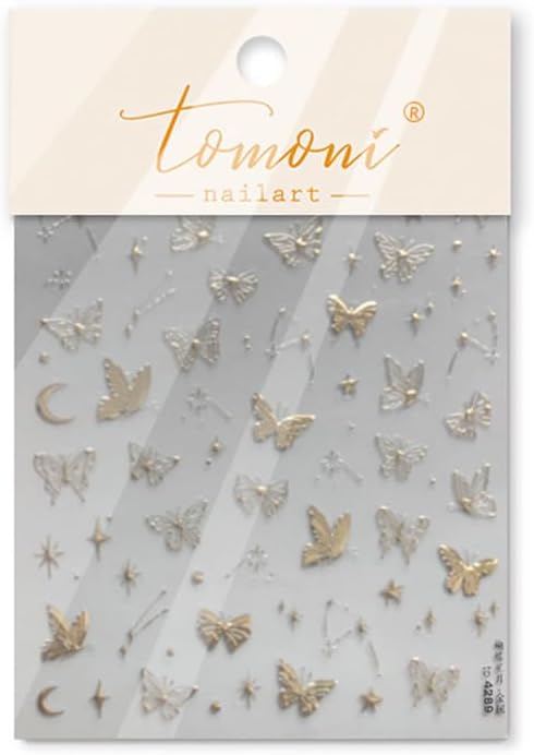 1 Sheets Golden Hot Stamping Butterflies Nail Art Stickers, 5D Self-Adhesive with Stars and Moon Nail Decals for Women, Gold Butterfly Design Spring Nail Stickers for DIY Nail Supplies Decoration