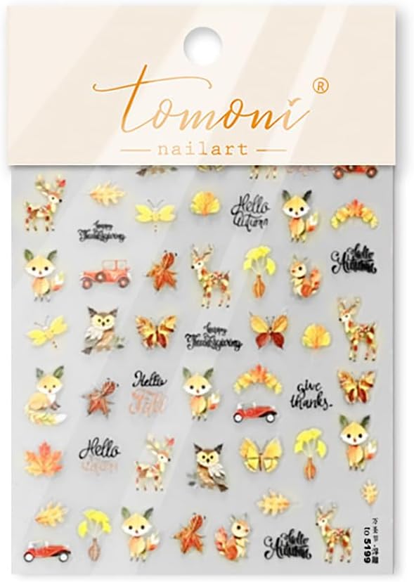 Fall 5D Embossed Nail Art Stickers Decals Thanksgiving Nail Decals Cute Squirrel Owl Butterfly Dragonfly Design Nails Art Supplies Self-Adhesive Autumn Leaves Nails Stickers for Women Manicure Decor