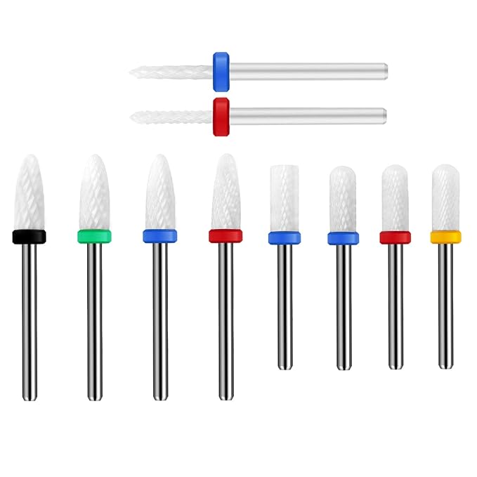 10Pcs Ceramic Nail Drill Bits,3/32 Nail Drill Bits Set for Acrylic Gel Nails Professional Rotary Burrs Electric Manicure Pedicure Nail File Cuticle Remover Crystal Nail Extension