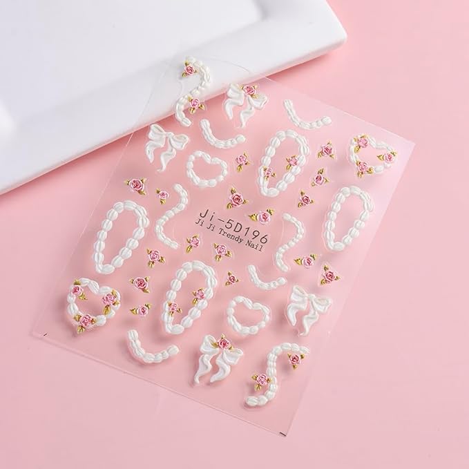 Cake Cream 5D Embossed Nail Art Stickers, 4 Sheets Cute Cream Chain Pleated Skirt Edge French Nail Decals Strawberry Cherry Rose Heart Self Adhesive DIY Nail Supplies for Women Girls