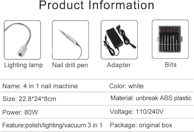 80W 4 in 1 Strong Power Nail Dust Collector UV Gel Polisher Nail Drills Lighting Lamp Hand Pad Vacuum Cleaner Nail Salon, White