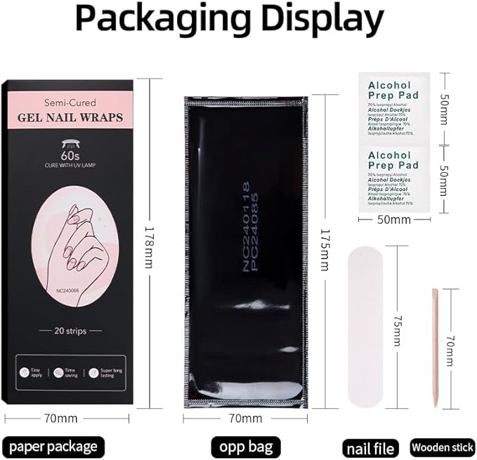 Gel Nail Strips 20 Pcs Wraps - Pink, Solid, Easy Apply Gel Nail Stickers Long Lasting, Salon-Quality, 2 Prep Pads, 1 File, 1 Wooden Stick, UV Light Required