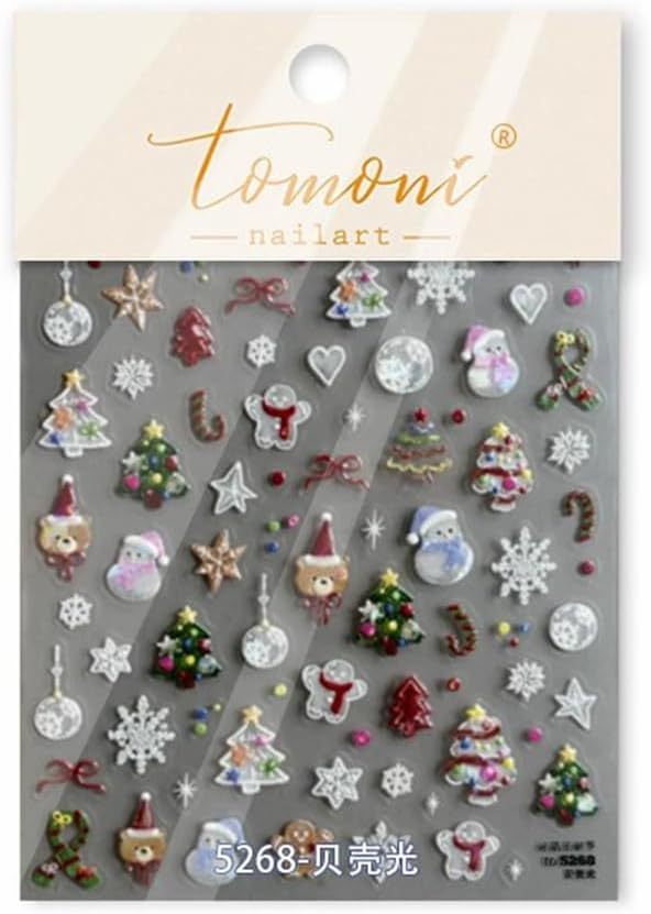 Christmas Nail Art Stickers Xmas Tree Snowman Self-Adhesive Xmas Nail Decals Nail Art Supplies 1PCS Shell Light Lantern Ball Star Gingerbread Man 5D Embossed Christmas Stickers for Nails Decoration