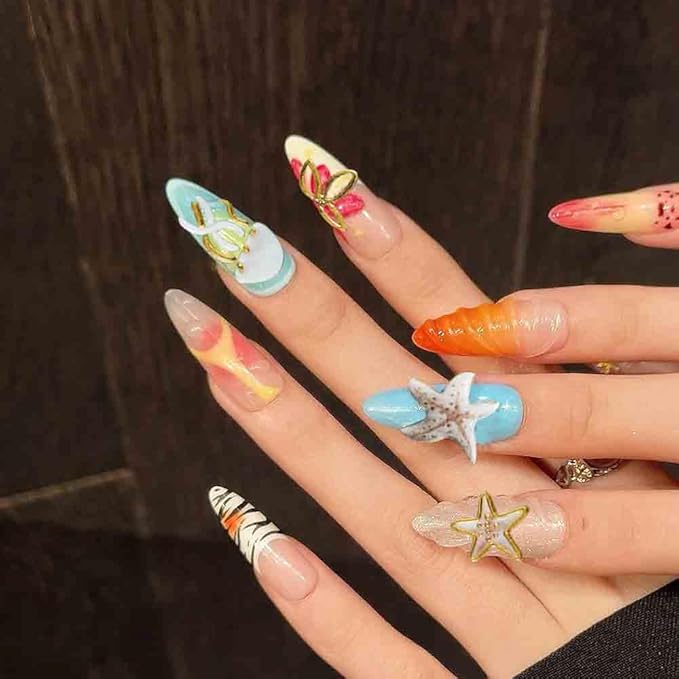 3D Beach Theme Nail Art Stickers, Starfish and Seashell Design, Gold Accents, 4 Sheets