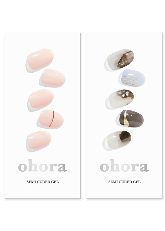 ohora Semi Cured Gel Nail Strips (N Basic Nails no.11 N Brown Smudge) - Works with Any Lamps, Salon-Quality, Long Lasting, Easy to Apply & Remove - Includes 2 Prep Pads, Nail File & Wooden Stick