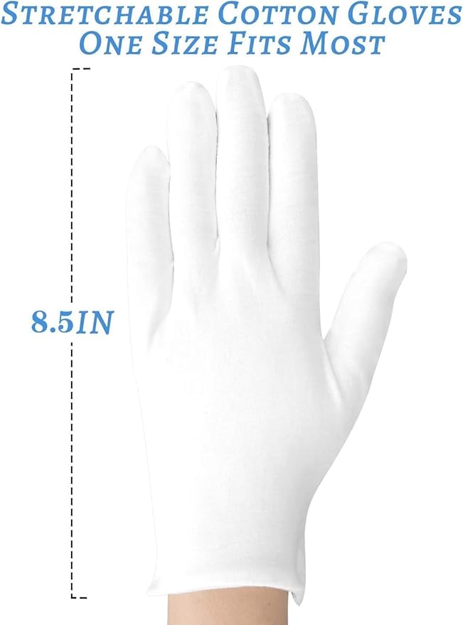 White Gloves, 6 Pairs(12 Pcs) Thinck Cotton Gloves for Dry Hands Sleeping, Moisturizing Gloves Spa Eczema Overnight, Work Gloves for Coin Jewelry Service