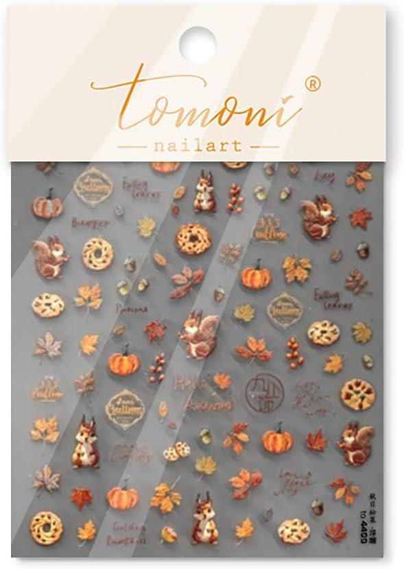 Fall Nail Art Stickers 5D Embossed Self Adhesive Maple Leaf Pumpkin Nails Decals 1PCS Autumn Cute Squirrel Pine Cones Fallen Leaves Design Thanksgiving Nail Stickers for Women DIY Manicure Accessories