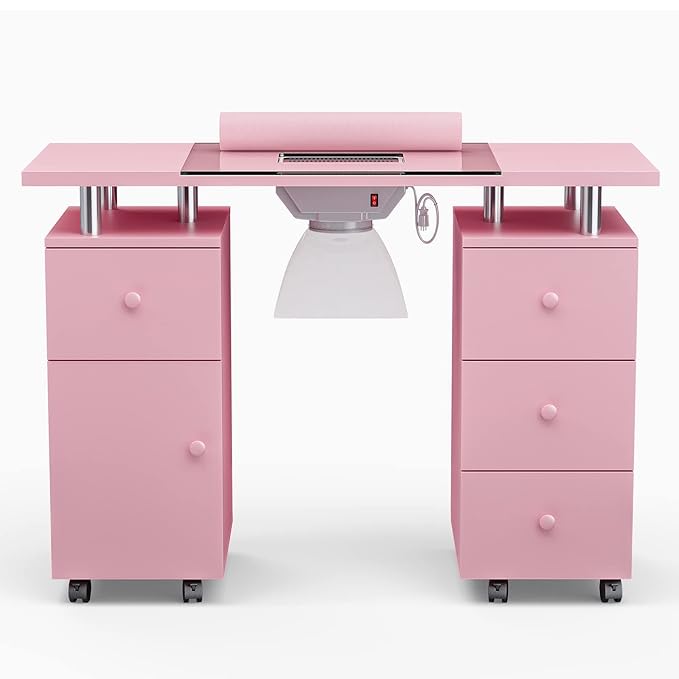 Paddie Manicure Table, Glass Top Nail Makeup Desk Nail Table Station for Nail Tech w/Electric Downdraft Vent, Wrist Cushion, Lockable Wheels, Storage Drawers, Wooden Handles(Pink)