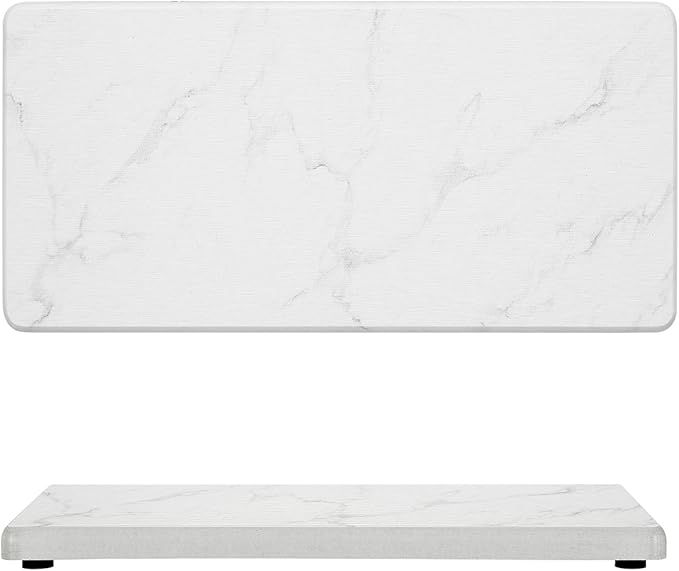 2PCS 10"x 5" Large Bathroom Sink Vanity Trays, Water Absorbing Diatomite Stone Quick Drying Mat for Kitchen Counter, Dish Rack Dispensers Sponge Holder Caddy Organizer, Marble White, 10"x 5"