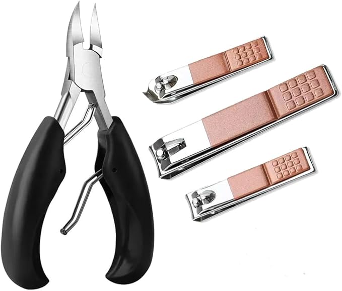 4Pcs Professional Nail Clippers Set, Ultra Sharp Sturdy Fingernail Clipper and Heavy Duty Toe Nail Clippers Adult Thick Nails Long Handle (Rosegold)