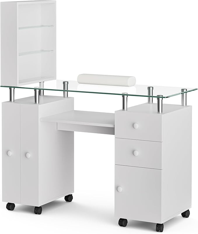 Paddie Manicure Table Nail Tech Table, Glass Top Nail Desk Station for Nail Tech w/Shelves & Wrist Cushion, Acetone Resistant Beauty Salon Workstation w/Lockable Wheels(White)