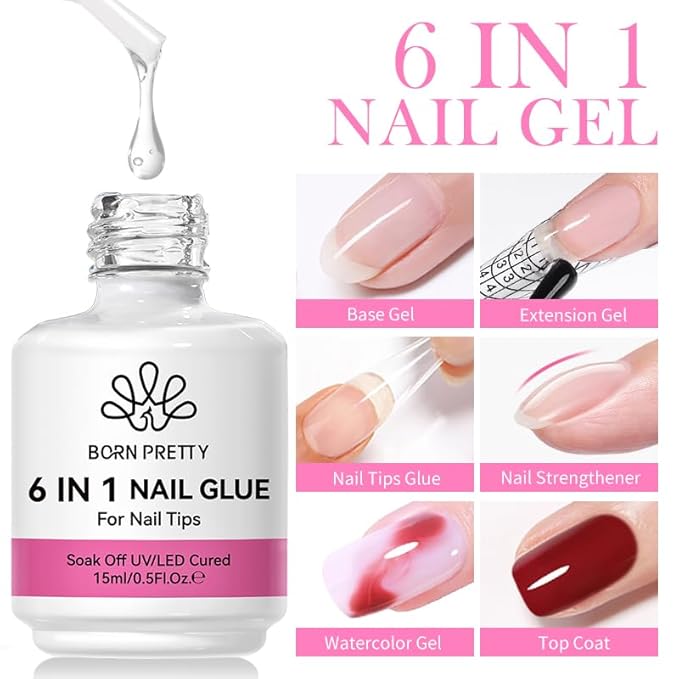 Born Pretty Nail Glue for Tips, 6 in 1 Gel Nail Gel Extension Gel,Blooming Gel,Base Gel Top Coat,Builder and Strengthener Gel for Nail Art Design