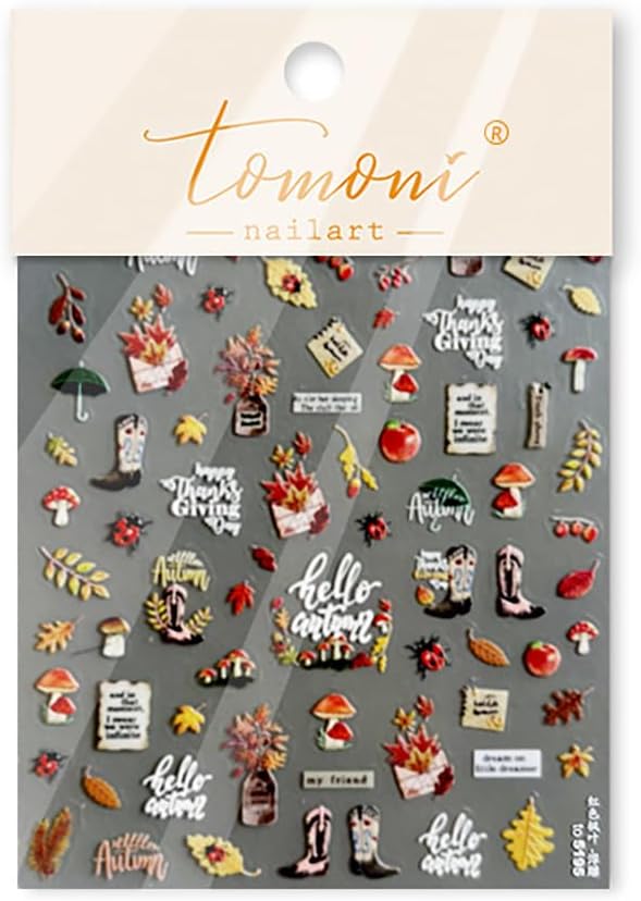 Fall Nail Art Stickers Decals 5D Embossed Red Maple Leaf Nail Decals Self-Adhesive Mushroom Apple Beetle Nails Design Autumn Stickers Thanksgiving Nails Art Supplies for Women DIY Manicure Decorations