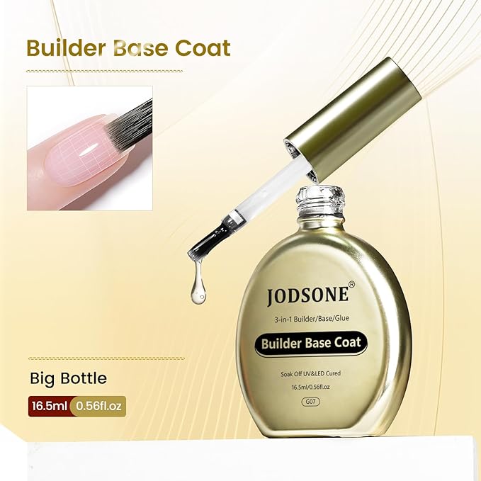 JODSONE Base Coat Gel,16.5ml 3-in-1 Builder Base Coat Gel No Wipe Foundation, Nail Tips & Overlay Structure, Long Lasting, U V/LED Curing for DIY Nail Art
