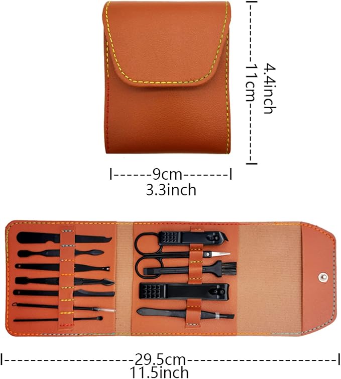 Nail Clipper Set, 12PCS Manicure Set Fingernail Clippers Kit Black Stainless Steel Pedicure and Manicure Kit with Brown PU Leather Case