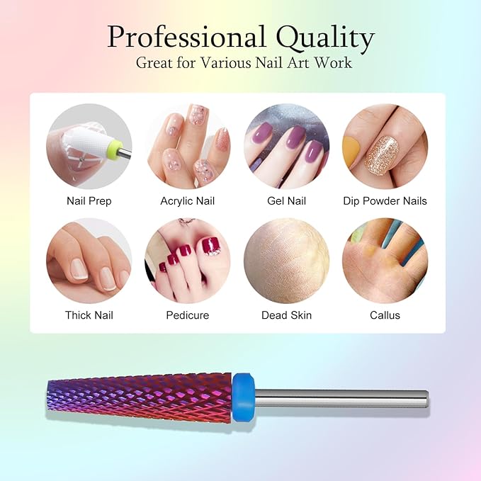 Super Long 5 in 1 Nail Drill Bits, Professional 3/32'' Carbide Tungsten Two Way Rotary Nail Cleaner Nail Bits, Suitable for Manicure Pedicure Cuticle Gel Polishing Acrylic Nails (Purple, Medium-M)