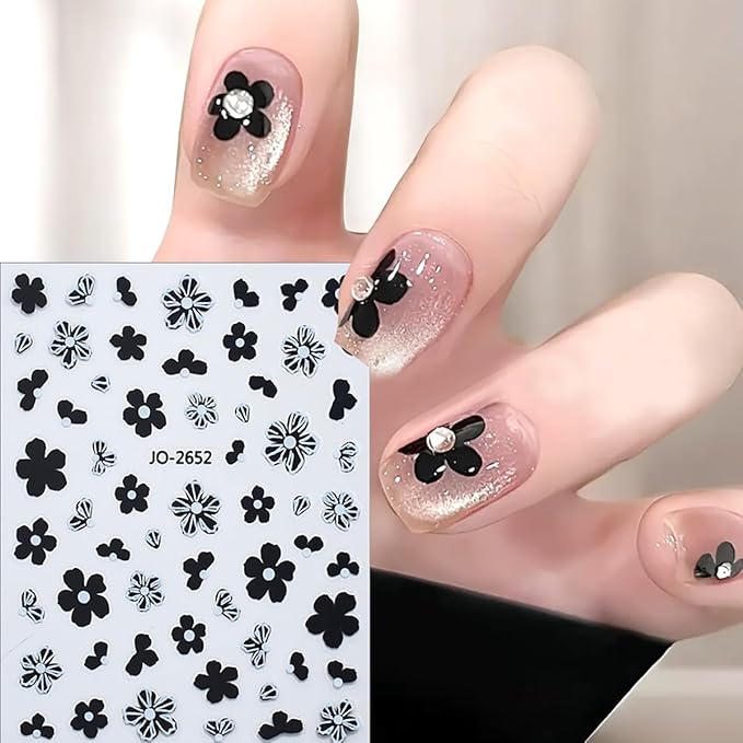 Flowers Nail Art Stickers - Black, Gold, Silver, White 3D Self-Adhesive Decals for Acrylic DIY Nail Decorations - Fall Flower Charms for Women - 6 Pcs