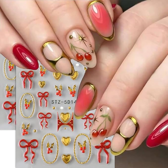 2Sheets Christmas Nail Art Stickers 5D Embossed Winter Nails Decals French Nail Stickers for Nail Art Self Adhesive Red Gold Heart Bow Design Christmas Sticker for Women Holiday DIY Manicure Supplies