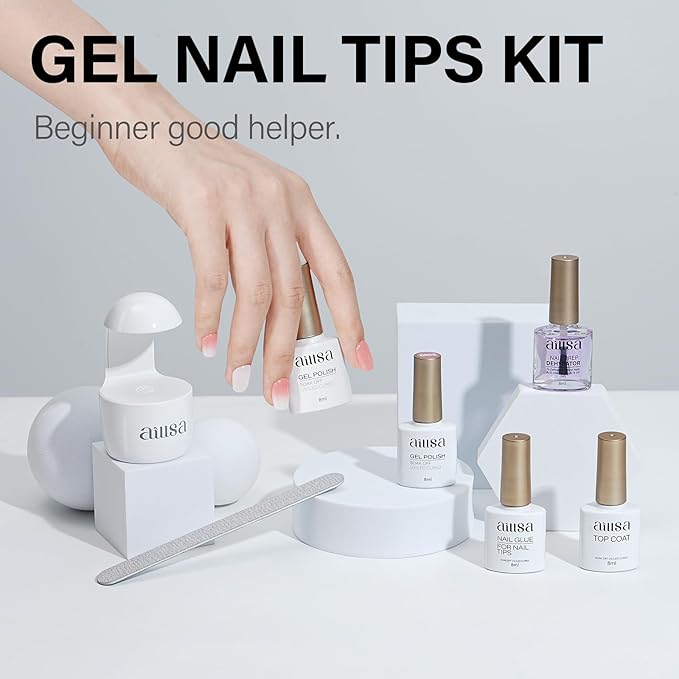 AILLSA Extra Short Coffin Gel Nail Kit 240pcs Full Nail Tips with 2 In 1 Nail Glue Base Top Coat Nail Dehydrator U v Led Lamp, Gel Extension Nail Kit for Beginners Home Salon