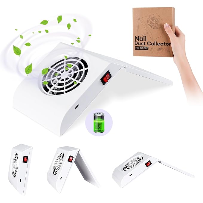 Mini Rechargeable Nail Dust Collector for Personal Use at Home,cordless Small Quiet Vacuum Nail Fan Dust Collector Vent for Nail Art, Foldable Design, 2 Filter Bags