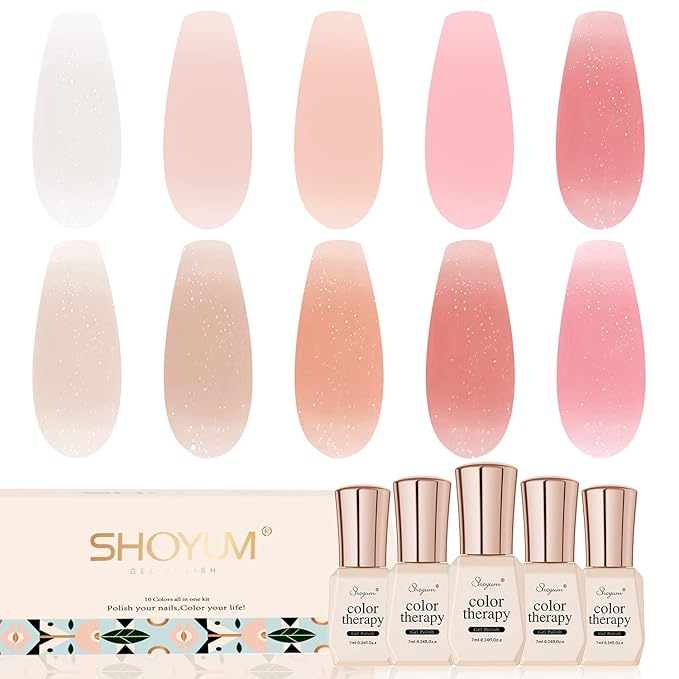 Jelly Shimmer Gel Nail Polish Set, 10 Colors Translucent Natural Milky White Pink Nail Polish Gel, UV/LED Soak Off Gel Nail Kit DIY Nail Art Salon Manicure Gifts for Women Girls.