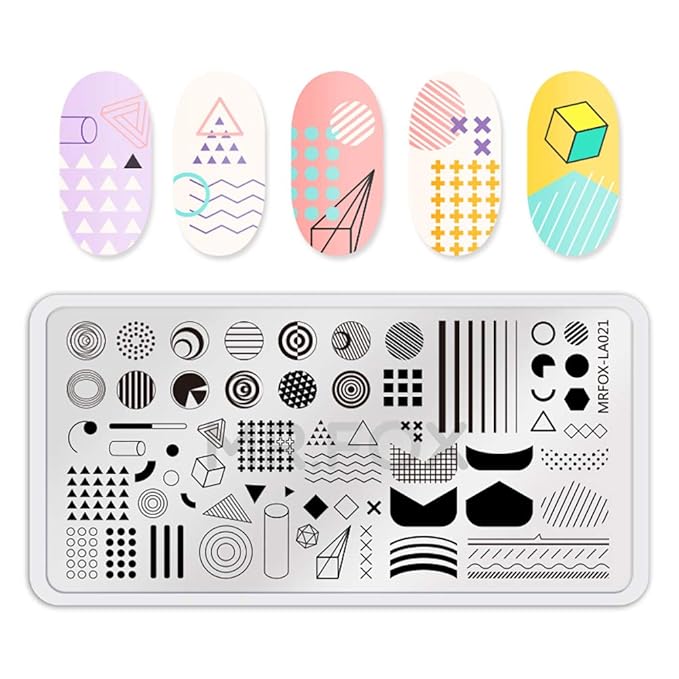 Mr.Fox Nail Printing Board Set Geometric Motif Lines Round Plaid Diamond Pattern Art DIY hot Stamping Template, etc