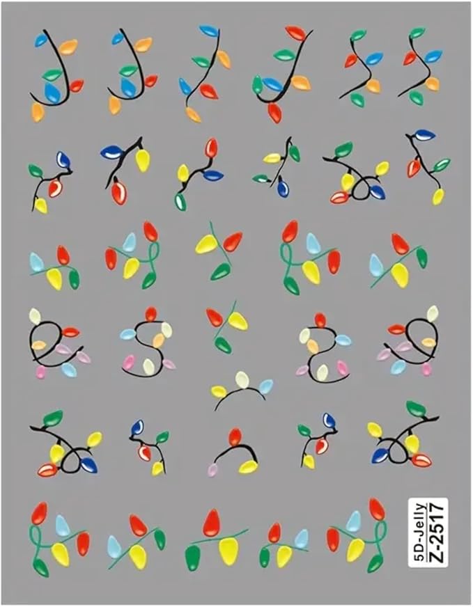 2Pcs Christmas Nail Art Stickers Decals 5D Embossed Christmas Nail Decals Colorful Light String Nail Stickers Xmas Lanterns Nail Supplies New Year Winter Nails Supplies for Women Manicure Tip Decor