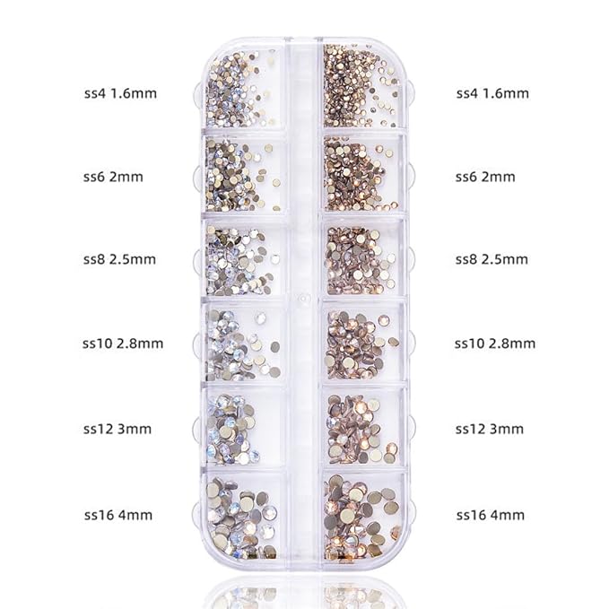 12 grid flat back Rhinestones with Tweezers and Wax Pencil Gems , DIY decorative Nail Face and apparel accessories (blue moonlight and champagne)