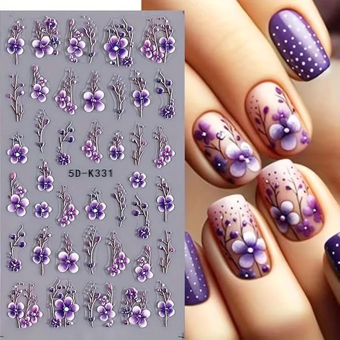 5D Embossed Branch Flowers Spring Nail Art Stickers Purple Flower Nail Stickers Colorful Floral Nail Decals 3 Sheets Flowers and Plants Nail Designs for Women Girls DIY Nail Art Supplies