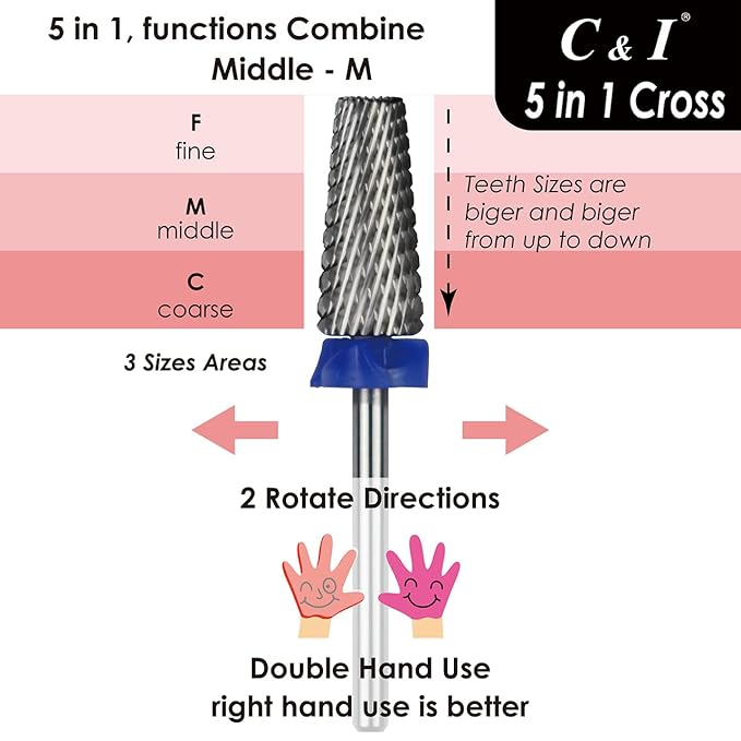 C & I 5 in 1 Multi-function Tapered Shape Nail Drill, Cross Teeth Edition, Professional Drill Bit for Nail Manicure Machine (Middle - M)