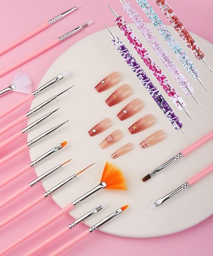 21Pcs Nail Art Brushes Set - 1 Resin Nail Art Palette, 5 Nail Art Dotting Pens, 15 Nail Art Brushes, Nail Polish Mixing Palette Double-Ended Dotting Pen Nail Liner Brush Nail Drawing Brushes