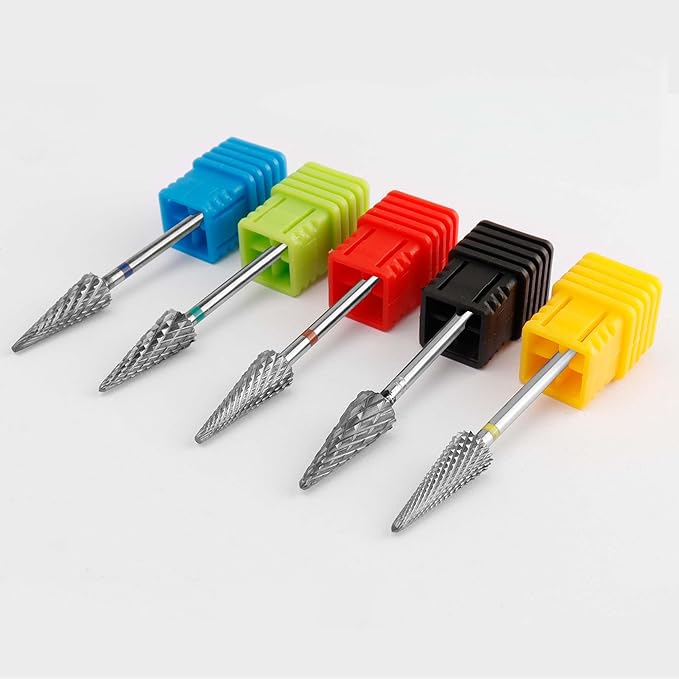 Yakamoz 5Pcs Tapered Nib Nail Drill Bits Set - 3/32’’ Carbide Tungsten Safety Electric Nail File for Remove Cuticle Gel Polishing, Manicure and Pedicure (XC, C, M, XF, F)