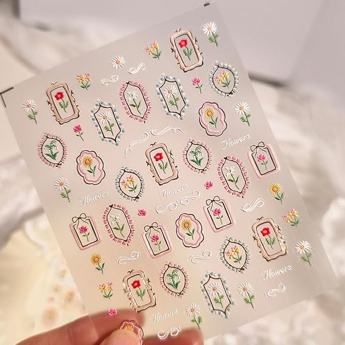 Tulip 5D Embossed Nail Art Stickers, Self-Adhesive Floral Design Decals with Golden Frames, Spring Summer Manicure Decorations for Women, 2 Pieces