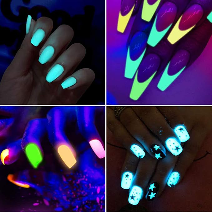 12 Colors Luminous Pigment Nail Powder Holographic Night Fluorescent Pigments Dust Nail Art Design Glow Nail Powders Gradient Iridescent Nail Glitters Supplies for Nail Art Gel Polish Dipping Powder