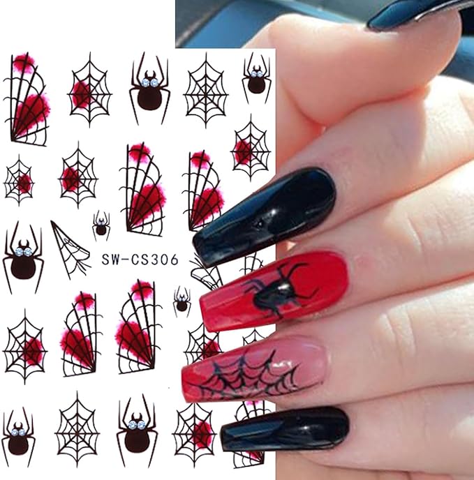6 Sheets Halloween Nail Stickers Spider Web Nail Art Stickers Ghost Nail Decals Black Pink Red Bat Heart Boo Design Pumpkin Nail Sticker for Nail Art for Women DIY Holiday Salon Manicure