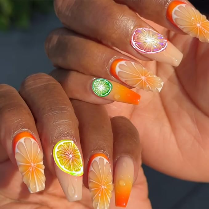 5D Embossed Fruit Nail Art Stickers, Lemon Kiwi Design, Colorful Summer Nail Decals, 2 Pieces