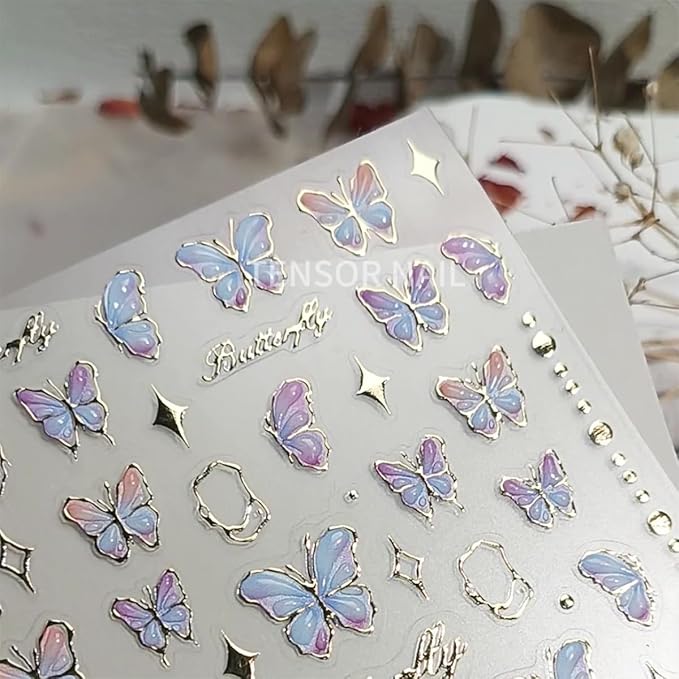 Butterfly Nail Art Stickers Decals Butterfly Nail Stickers Blue Shinny Butterfly Nails Design 5D Embossed Self Adhesive Nail Decals Butterfly Stickers for Women Girl DIY Manicure Nail Art Decorations