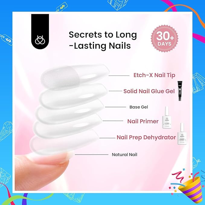 Beetles Gel Nail Kit Short Almond with Nail Dehydrator and Primer, 576Pcs Half Matte Etch-X Gel Nail Tips Solid Nail Glue Mini Nail Lamp Acrylic Nail Tips Easy DIY Nail Extension Set Gift for Women