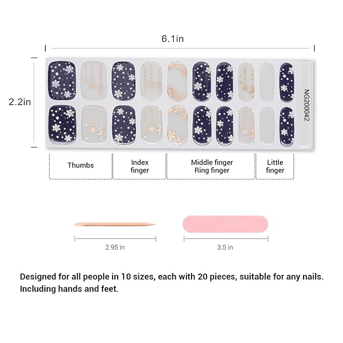 20pcs Semi Cured Gel Nail Strips, Real Nail Polish Art Stickers, Christmas Blue Snowflake Gel Nail Stickers - Work with Any UV Lamp, Long Lasting Full Wraps with Nails File and Stick