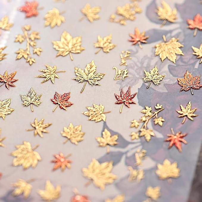 5D Embossed Autumn Maple Leaves Nail Art Stickers Decals Self-Adhesive Fall Nail Stickers Shiny Gold Maple Leaf Nails Design Sticker for Autumn Thanksgiving Day Women DIY Manicure Decorations 1Pcs