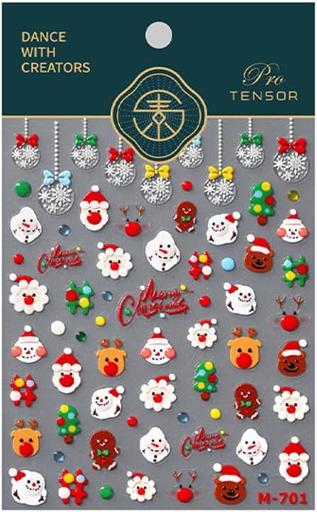 5D Christmas Nail Art Stickers Embossed Self Adhesive Nail Decals Cute Snowman Elk Santa Claus Snowflake Bell Nail Design Winter Xmas Nail Supplies for Women New Year Nail Decoration Accessories