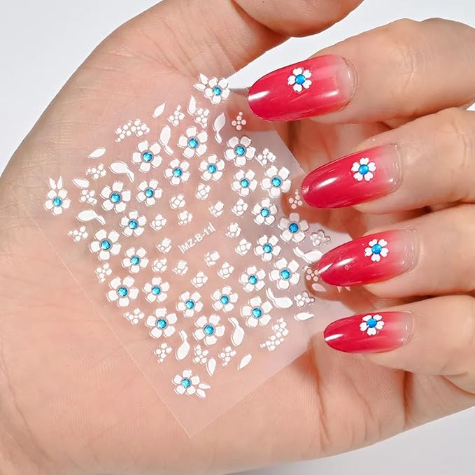 30Sheets Flower Nail Stickers 3D Self-Adhesive White with Blue Rhinestones Cherry Blossoms Daisy Nail Art Stickers Spring Summer Flowers Nail Art Design Decals for Acrylic Nail Decoration Charms Tips
