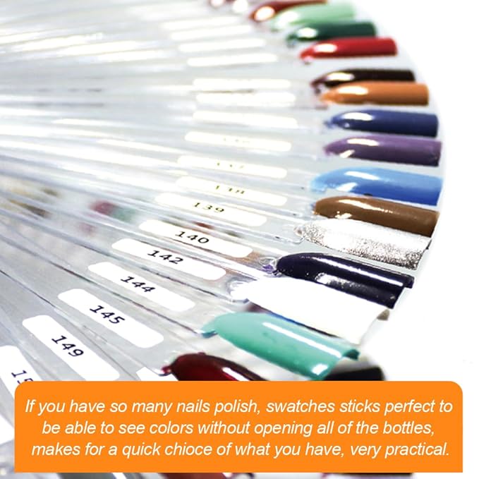 JASSINS 150 Pcs Nail Swatch Sticks with Ring and Number posted, Clear Fan-shaped Nail Art Polish Practice Display Tips Nail Sample Sticks, Nail Practice Color Display Polish Board