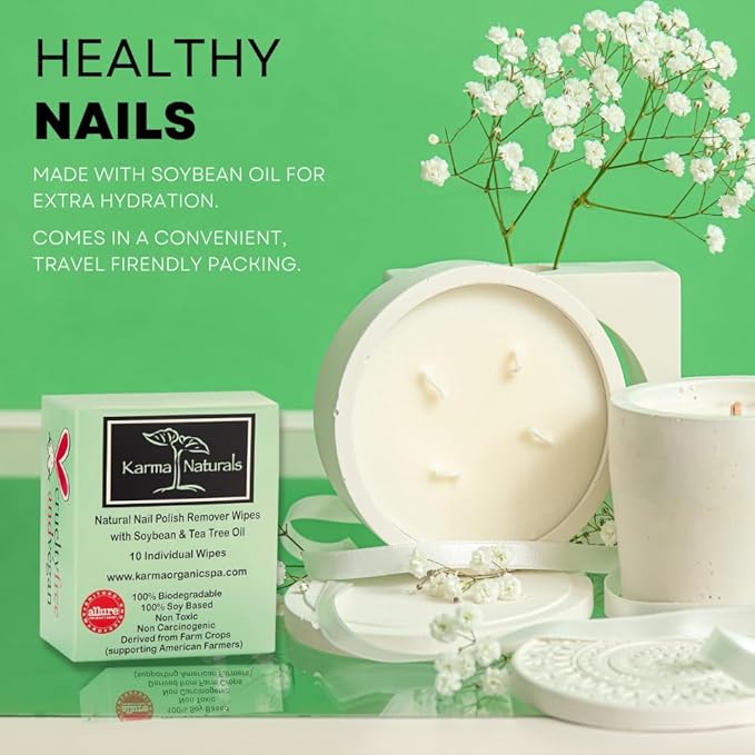 Karma Organic Natural Nail Polish Remover Wipes with Soybean and Tea Tree Oil, 100% Soy Based, Non-Toxic, Vegan, Cruelty-Free – Pack of 10