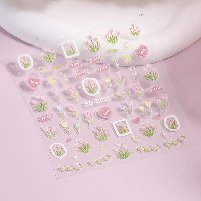 3D Embossed Nail Stickers - Pink Tulip Design, Cute Fresh Self-Adhesive Nail Art Decals for Women Girls A Set of 1 Sheets