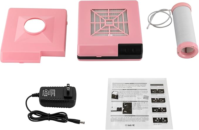 Nail Dust Collector, 60W Dental Polishing Dust Collector with Fan and LED Dual Function Low Noise Dust Suction Machine with Large Caliber Vacuum Cleaner Hose(2.4 In) for Dental Lab Nail Salon (Pink)