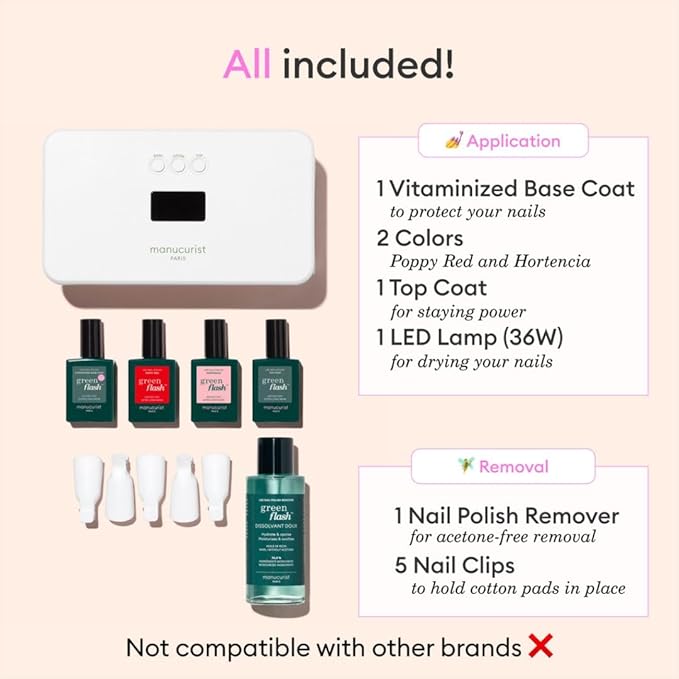 Manucurist - New Green Flash Slim Gel Nail Polish Kit - 36W LED Lamp with Base Coat + Top Coat + 2 Colors: Poppy Red Polish & Pale Pink Hortencia + Remover + Nail Clips - Christmas Gifts for Women