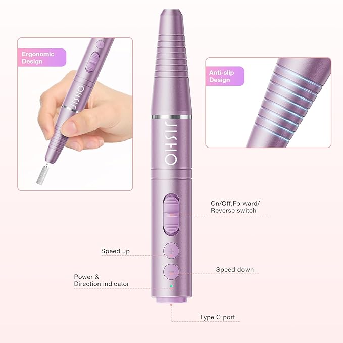 Nail Drill, Cordless Electric Nail Drill Machine for Acrylic Nail, Rechargeable Portable with Max 20000 RPM, 12 in 1 Kit Electric Nail File Efile Present for Beginner and Professional (Pink)